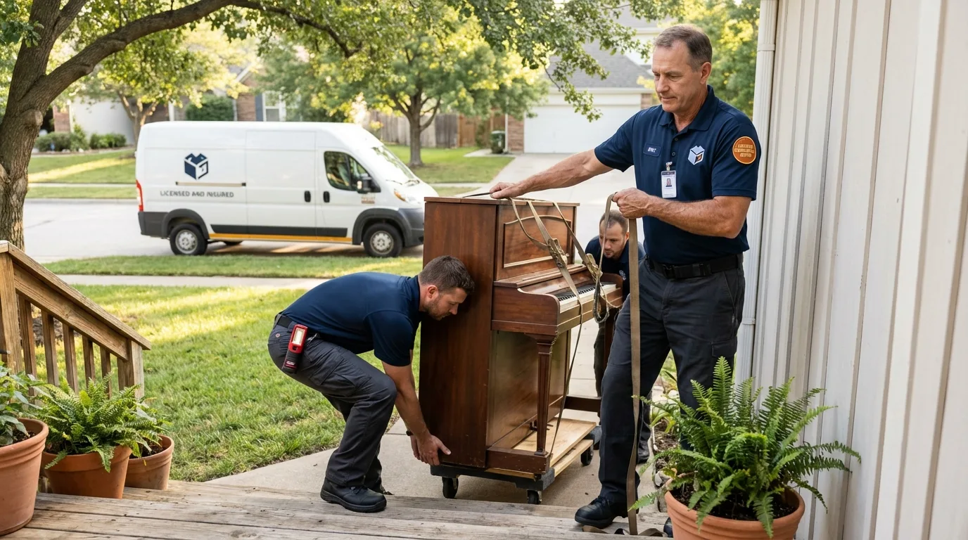 Licensed piano movers securing grand piano in Somersworth, NH