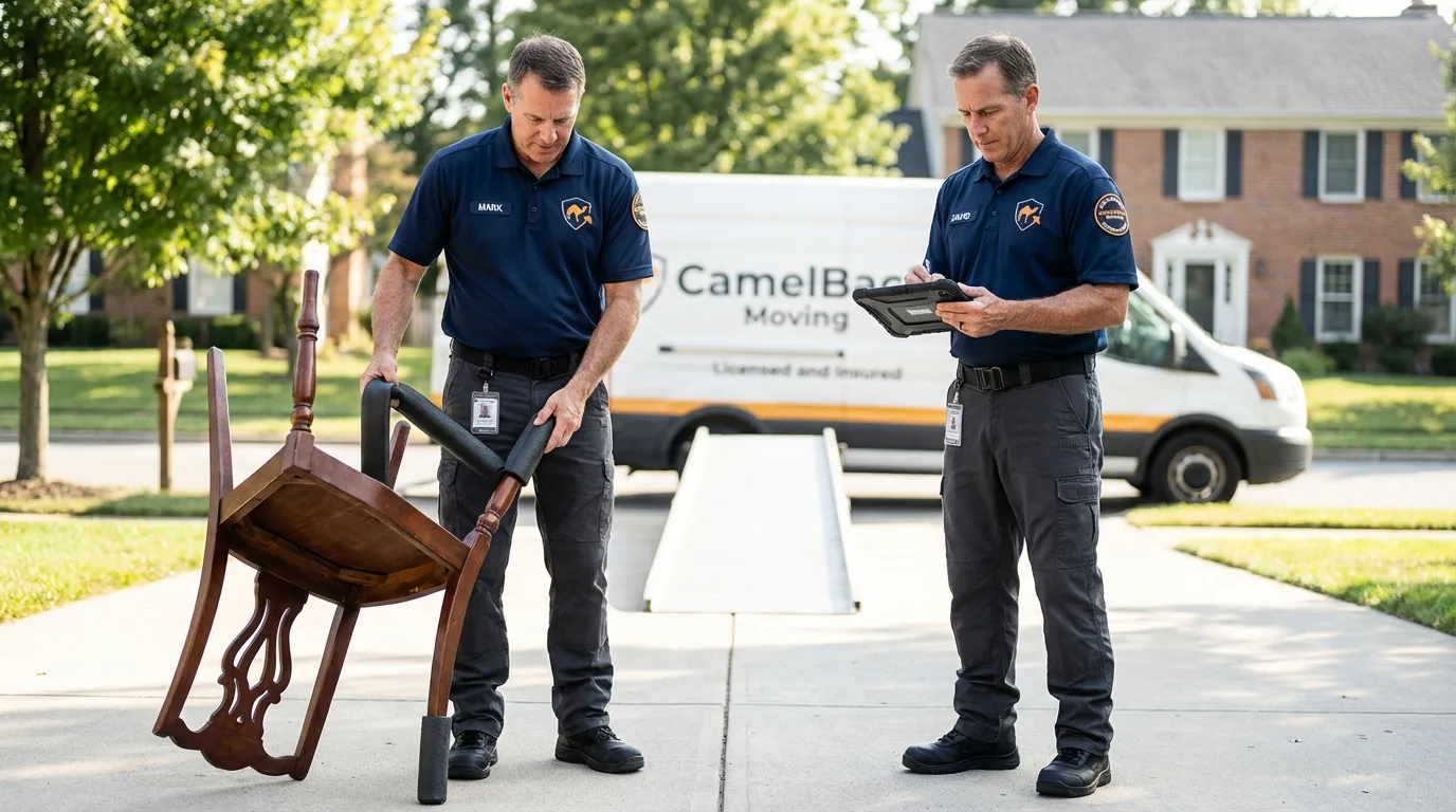 Movers inspecting furniture for damage prevention before loading in Somersworth, NH