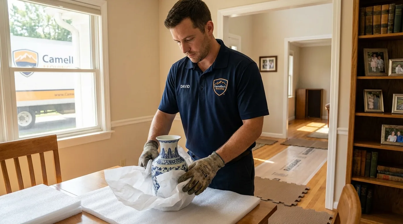 Professional crew carefully wrapping antique vase for senior downsizing move in Somersworth, NH